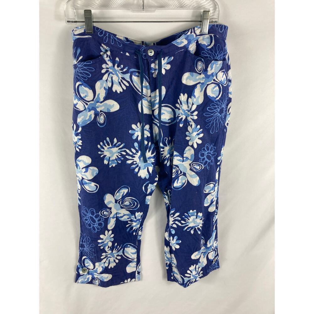 Erin London Linen Blend Floral Print Tie Waist Crop Pant Size Medium